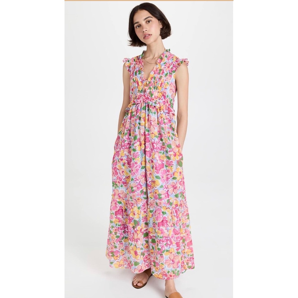 BanJanAn Constance Floral Ruffle Tiered Maxi Dress M Cotton Boho Resort